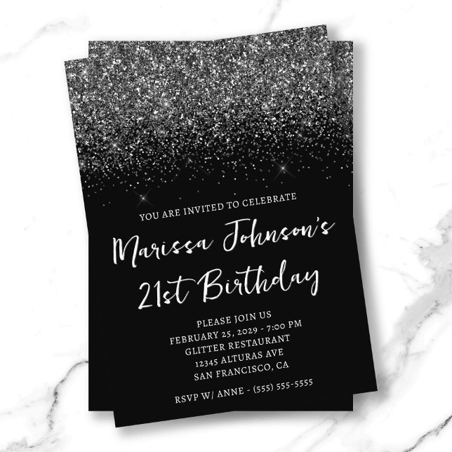 Convites Aniversário de 21 anos preto brilhante (Sparkly Glittery Black 21st Birthday Invitation)