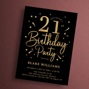 Convites Aniversário de 21 anos Preto Dourado