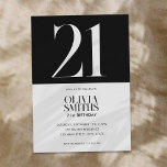 Convites Aniversário de 21 anos preto e branco minimalista<br><div class="desc">Aniversário de 21 anos minimalista moderno com design simples com tipografia chic elegante a preto e branco.</div>