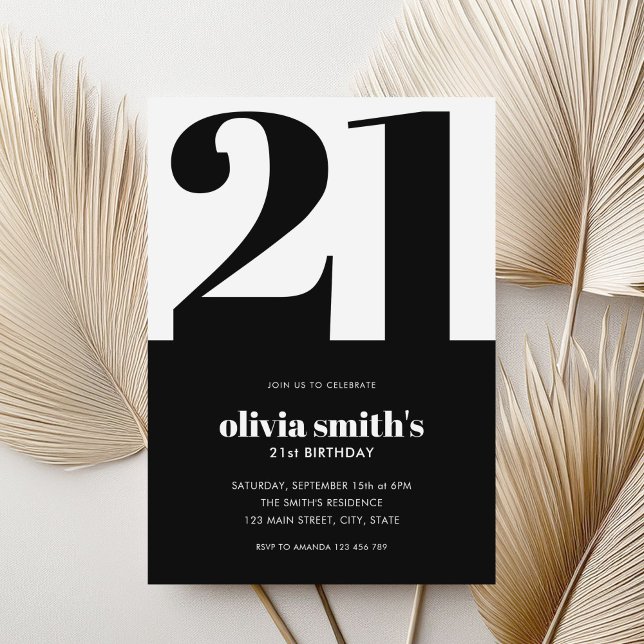 Convites Aniversário de 21 anos preto e branco minimalista  (Criador carregado)