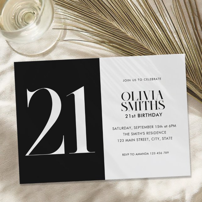 Convites Aniversário de 21 anos preto e branco minimalista  (Criador carregado)