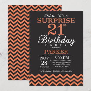 Convites Aniversário de 21 anos preto e coral surpresa