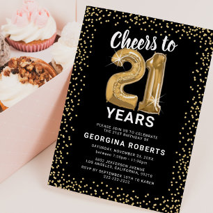 Convites Aniversário de 21 anos preto para adultos Dourado