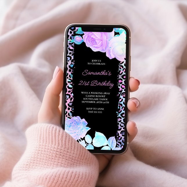 Convites Aniversário de 21 anos preto pintado por leopardo  (Iridescent Leopard Painted Black 21st Birthday Invitation)