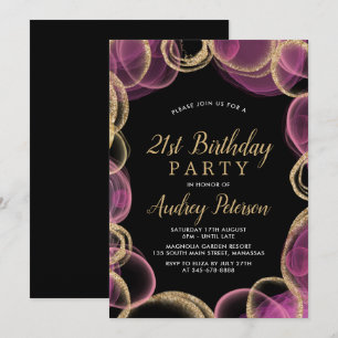 Convites Aniversário de 21 anos preto rosa moderno e círcul