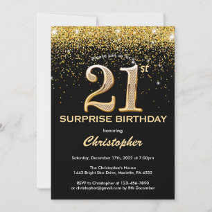 Convites Aniversário de 21 anos preto surpreendido e brilha