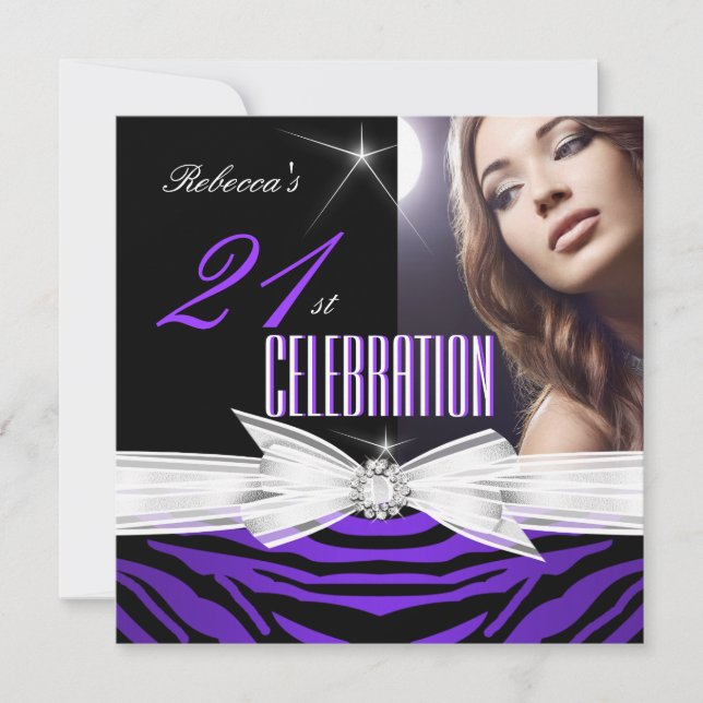 Convites aniversário de 21 anos Purple 21 Zebra Foto 2 (Frente)
