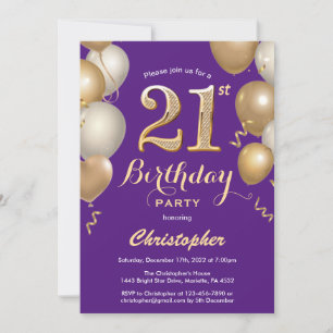 Convites aniversário de 21 anos Purple e Dourado Balões Con