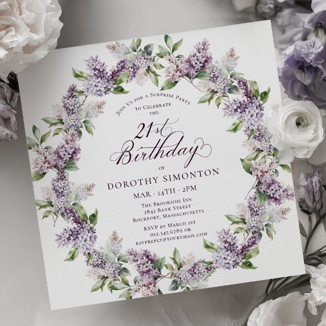 Convites ANIVERSÁRIO DE 21 ANOS Púrpura Lilac Floral do PAR (Criador carregado)
