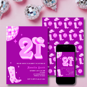 Convites aniversário de 21 anos Retro Disco Cowgirl Rodeo R