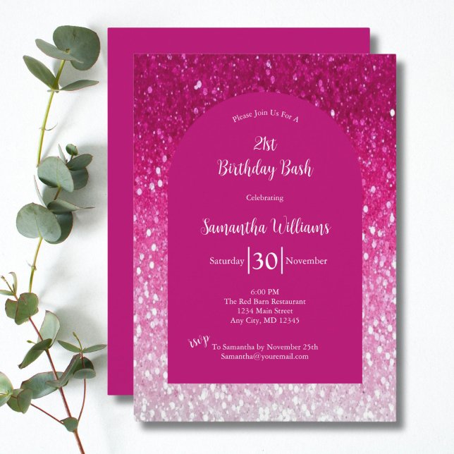 Convites Aniversário de 21 anos Rosa Brilho Glamour Feminin (Pink White Glitter 21st Birthday invitation. Glam Bling Sparkle. Printed or Digital Download)