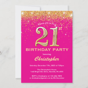 Convites aniversário de 21 anos, Rosa Quente e Glitter Dour