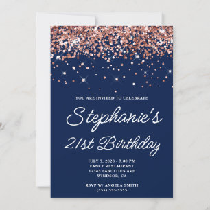 Convites Aniversário de 21 anos Rose Gold Glitter Midnight