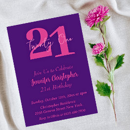 Convites aniversário de 21 anos roxo, cor-de-rosa 