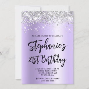 Convites Aniversário de 21 anos Silver Glitter Lavender Shi