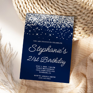 Convites Aniversário de 21 anos Silver Glitter Midnight Blu