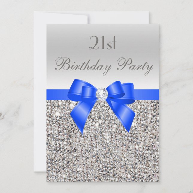 Convites aniversário de 21 anos Silver Sequin Royal Blue Ar (Frente)