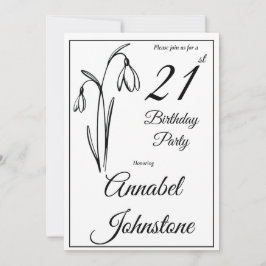 Convites Aniversário de 21 anos Snowdrop Floral Preto e Bra
