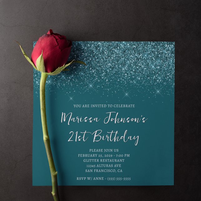 Convites Aniversário de 21 anos Sparkly Glittery Azul Escur (Sparkly Glittery Dark Teal 21st Birthday Invitation)
