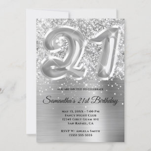 Convites Aniversário de 21 anos Sparkly Glittery Silver Gla