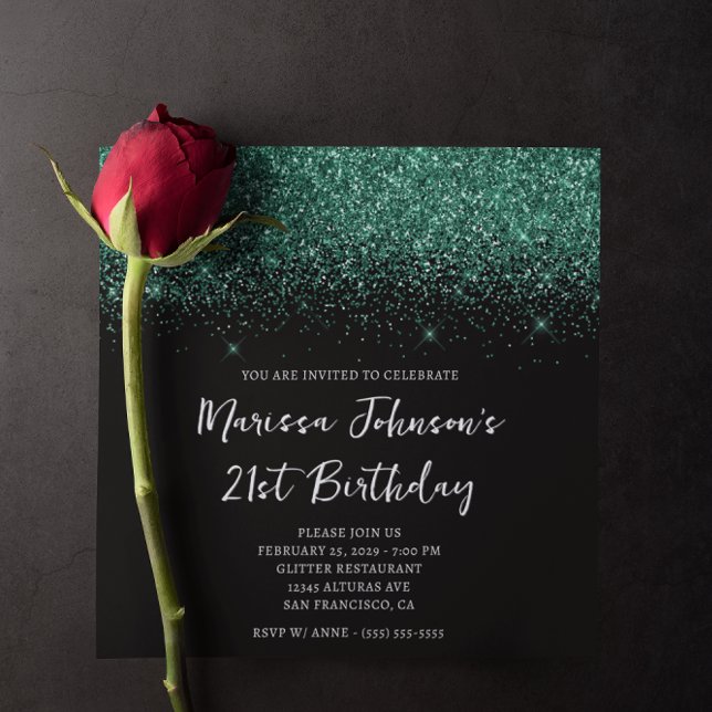 Convites Aniversário de 21 anos Sparkly Hunter Verde com Br (Sparkly Hunter Green Glitter Black 21st Birthday Invitation)