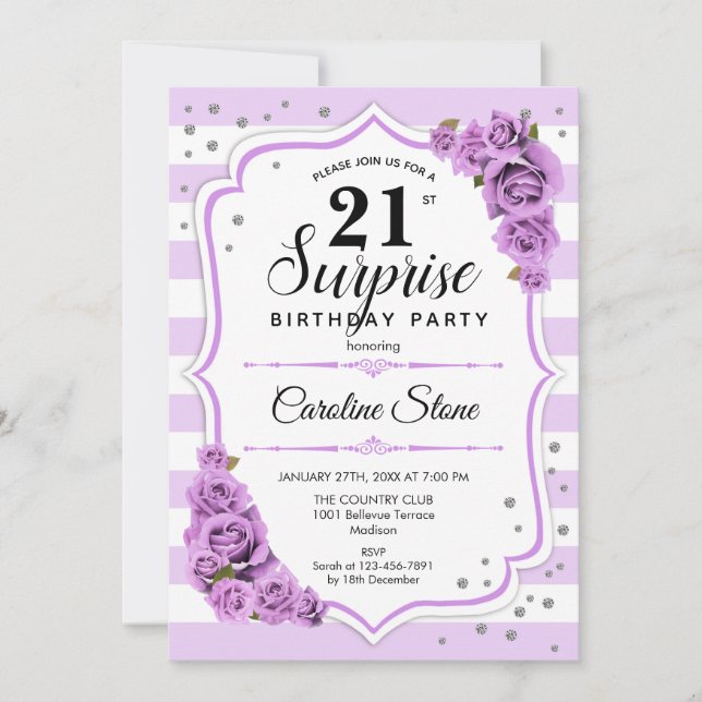 Convites Aniversário de 21 anos Surpresa - Branco roxo (Frente)