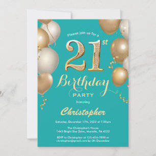 Convites aniversário de 21 anos Teal e Balões Dourados Co