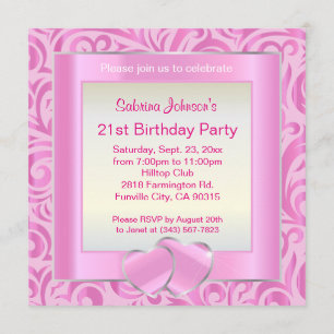 Convites aniversário de 21 anos   Verdadeiro Rosa, Prata e 