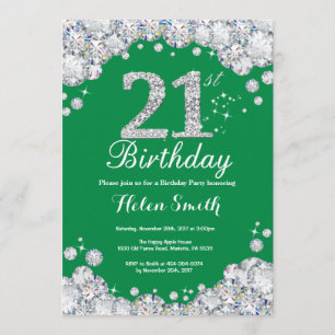 Convites aniversário de 21 anos Verde e Silver Diamond