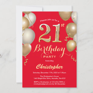 Convites aniversário de 21 anos Vermelho e Dourado Balões
