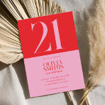 Convites Aniversário de 21 anos Vermelho Rosa Minimalista M<br><div class="desc">Aniversário de 21 anos minimalista moderno com design simples com tipografia chic elegante,  cor rosa e vermelha.</div>