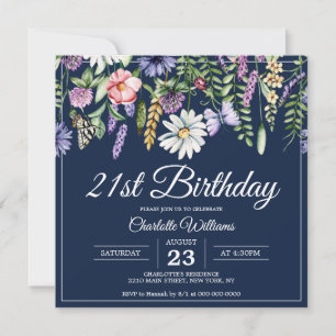 Convites aniversário de 21 anos Wildflower Marinho Blue Wom