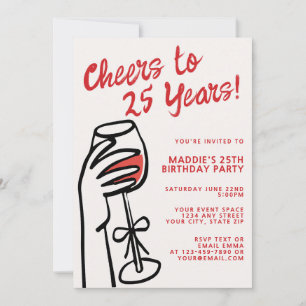 Convites Aniversário de 25 anos com Vinho Tinto Desenhado à