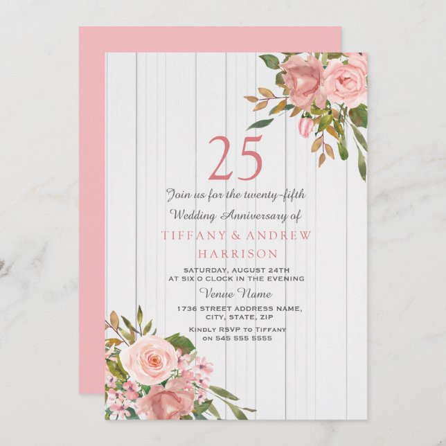 Convites Aniversário de 25 anos de casamento Blush Rose Gol (Frente/Verso)