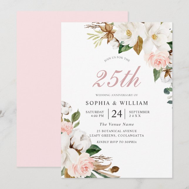 Convites Aniversário de 25 anos de Casamento com Flores Ros (Frente/Verso)