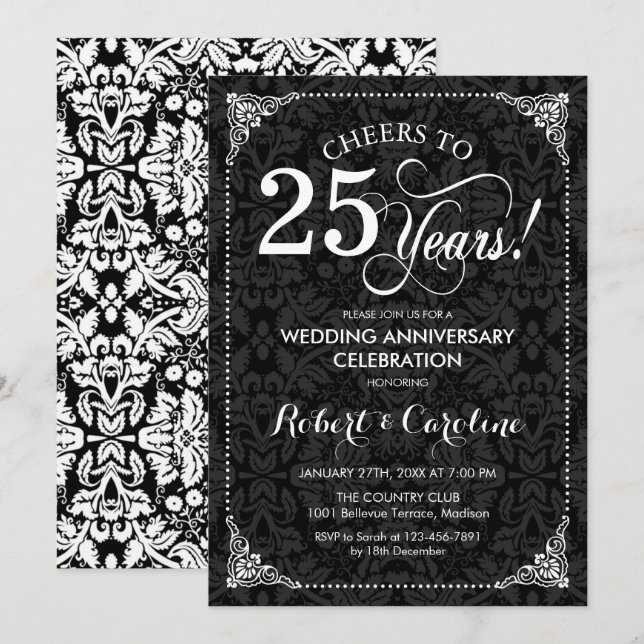 Convites Aniversário de 25 anos de Casamento - Damask Preto (Frente/Verso)