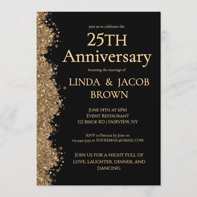 Convites Aniversário de 25 anos de Casamento Dourado Brilho (Frente)