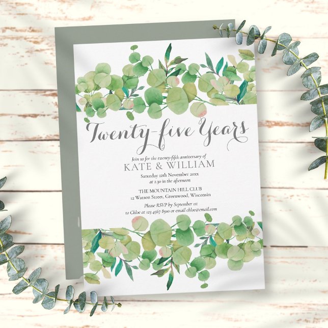 Convites Aniversário de 25 anos de Casamento Flora Verde (25th Wedding Anniversary Greenery Floral Invitation)