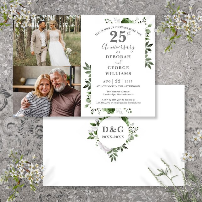 Convites Aniversário de 25 anos de casamento floral Then &  (Floral 25th Wedding Anniversary Then & Now 2 Photo Invitation)