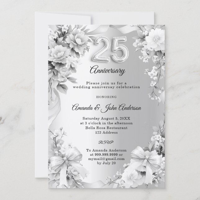 Convites aniversário de 25 anos de casamento flores de prat (Frente)