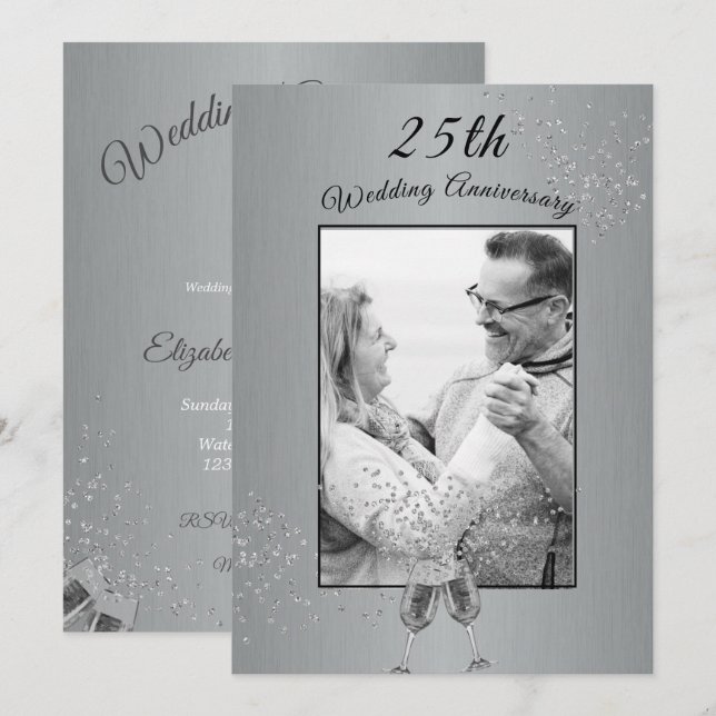 Convites Aniversário de 25 anos de Casamento Foto Prata (Frente/Verso)