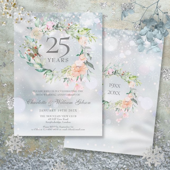 Convites Aniversário de 25 anos de casamento Prata Floral d (Winter Floral 25th Silver Wedding Anniversary Invitation)
