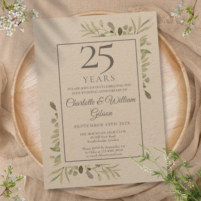 Convites Aniversário de 25 anos de Casamento Prateado Rústi (Rustic Greenery 25th Silver Wedding Anniversary Invitation)