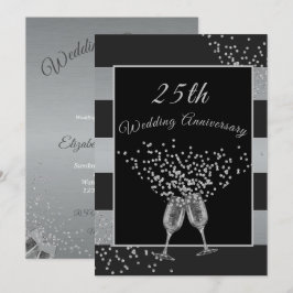 Convites Aniversário de 25 anos de Casamento Preto Prata Ch