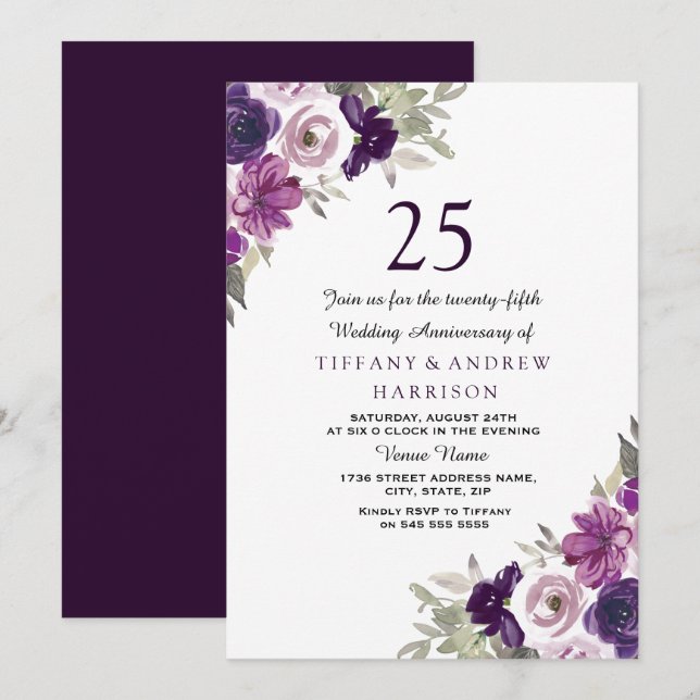 Convites Aniversário de 25 anos de Casamento Roxo Violeta F (Frente/Verso)