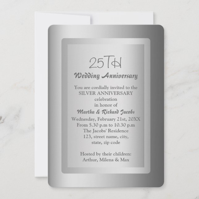 Convites Aniversário de 25 anos de casamento Silver Border (Frente)
