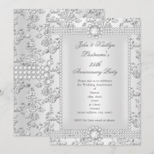 Convites Aniversário de 25 anos Diamante Rosa Damask Prata