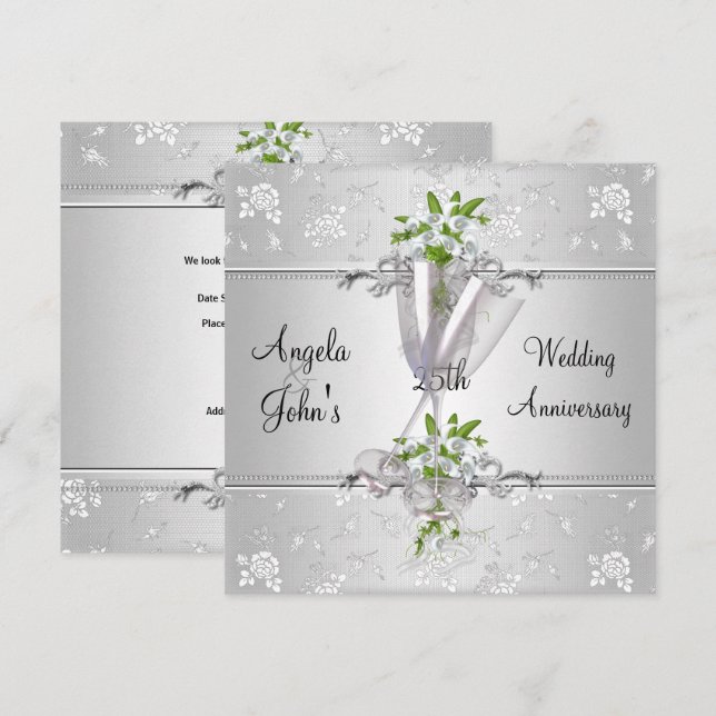 Convites Aniversário de 25 anos Floral Branco Prata Elegant (Frente/Verso)