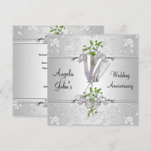 Convites Aniversário de 25 anos Floral Branco Prata Elegant