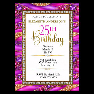 Convites Aniversário de 25 anos Glam Pink Gold Jeweled Stra
